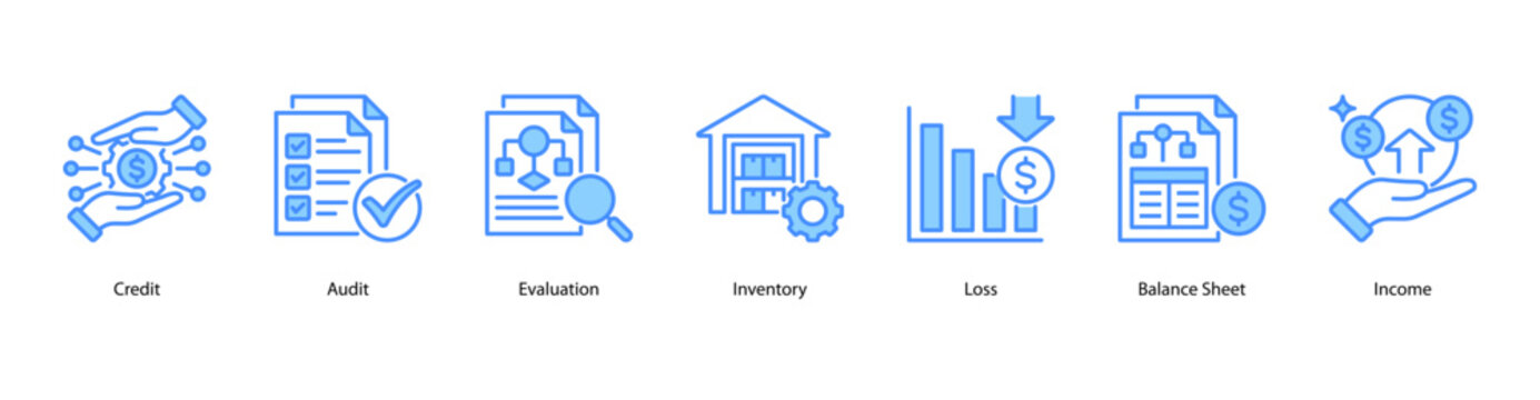 Accounting Essentials web banner icon vector illustration featuring Credit, Audit, Evaluation, Inventory, Loss, Balance Sheet, and Income.