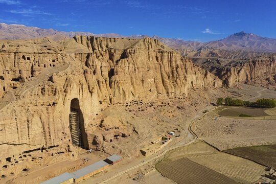 Aerial of the great buddhas in Bamyan, Afghanistan