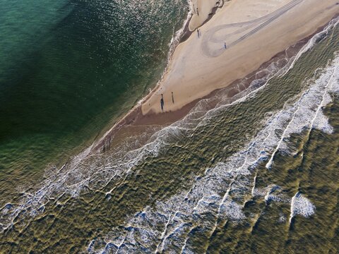 Aerial view, meeting of North Sea and Baltic Sea, Skagerrak and Kattegat, Grenen, Skagens Gren, Skagen, North Jutland, Jutland, Denmark