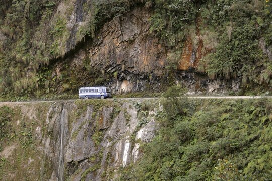Bus on Death Road, Camino de la Muerte, Yungas North Road between La Paz and Coroico, Bolivia