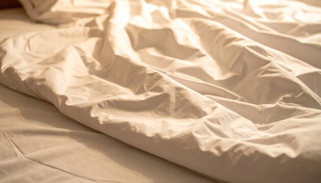 Close-up of a rumpled white duvet on a bed with soft lighting.