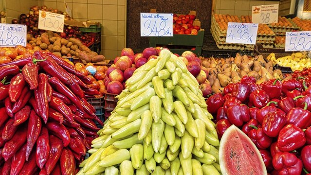 Fruit and vegetables, peppers on a market stall, Great Market Hall, Budapest, Hungary