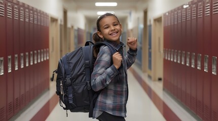 Fototapeta premium Happy African American Girl in School Hallway with Backpack.