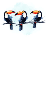 Three toco toucans perched on a branch watercolor illustration