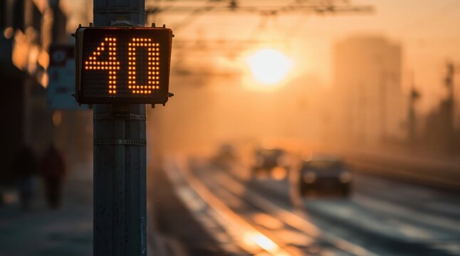 Digital speed limit sign displaying 40 mph is illuminated against hazy sunset, with cars blurred in background on highway.