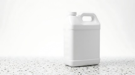 Obraz premium Blank white plastic jerrycan for liquid chemicals or motor oil mockup standing on a speckled stone surface table