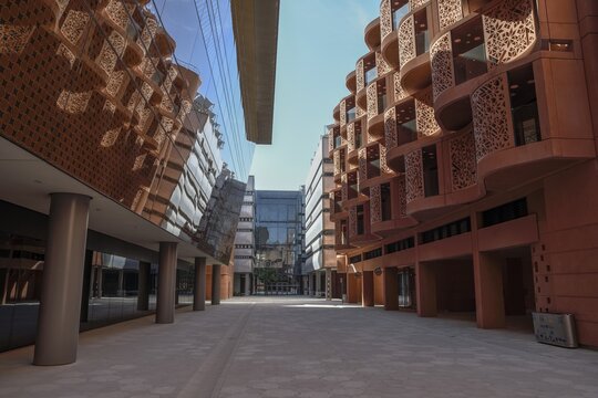 Road through houses, Masdar City urban development project, first emission-free eco-city, Emirate of Abu Dhabi, United Arab Emirates