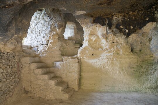 Interior view of a cave with visible erosion and highlighted cave architecture, Aladja Monastery, Aladja Monastery, Aladzha Monastery, medieval rock monastery, cave monastery in limestone rock, Varna, Black Sea coast, Bulgaria