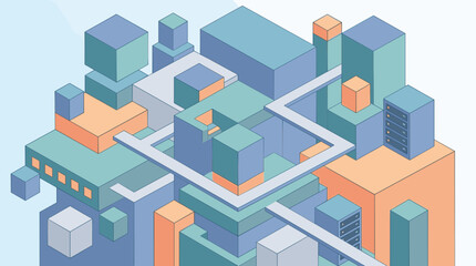 Fototapeta premium A vibrant isometric cityscape with colorful buildings and roads.
