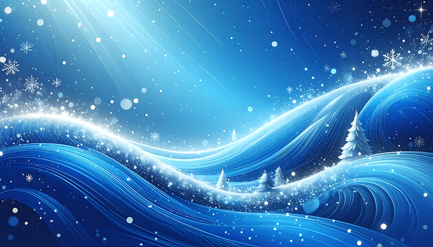Winter landscape with glowing snowdrifts and sparkling snow, ethereal light rays, starry sky, perfect for holiday greetings and winter themes