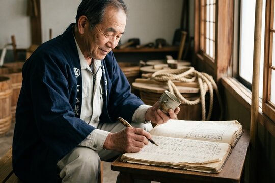 酒蔵の机で筆を執り、真剣な表情で帳簿や台帳を記録する年配の職人