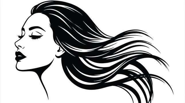 Minimalist Black and White Vector Illustration of a Woman with Long Flowing Hair for Beauty Salon