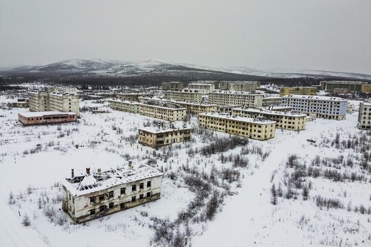 Aerial of the abandoned mining city Kadykchan, Road of Bones, Magadan Oblast, Russia, Susuman, Magadan Oblast, Russia