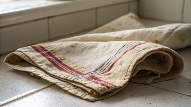 Vintage Kitchen Towel With Red Blue Stripes And Stains