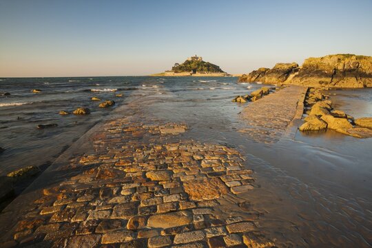 Causeway to the island of St Michael's Mount at high tide, Marazion, Cornwall, England, United Kingdom
