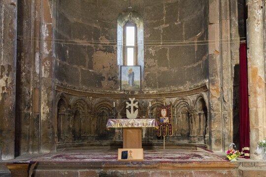 Interior view of a church with altar, windows and religious decoration, Marmashen Monastery, Marmashen Vank, Shirak Province, Armenia