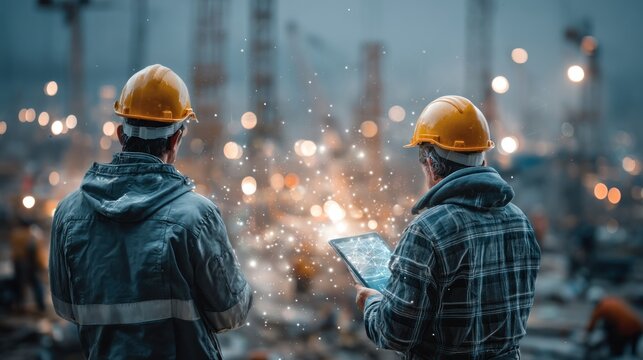 Two construction workers in yellow helmets looking at a tablet on a futuristic construction site