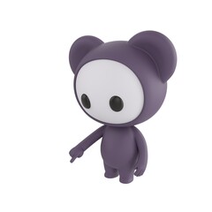 Fototapeta premium Cute 3D render Black Little Monster character pointing down at the ground in front, indicating or highlighting something, friendly mascot style, isolated on white background.