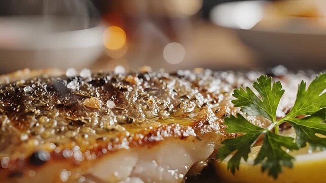 Closeup of a perfectly cooked steak seasoned with coarse salt and herbs.