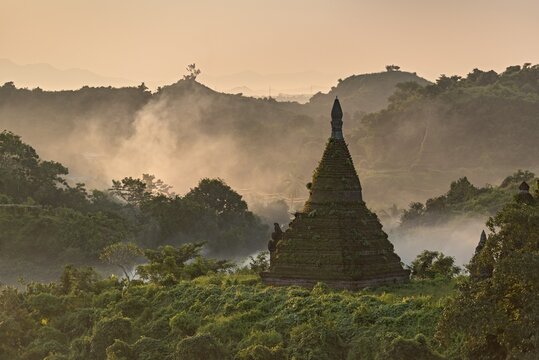 Mist over hills and stupas of Mrauk U at sunrise, Burma, Myanmar