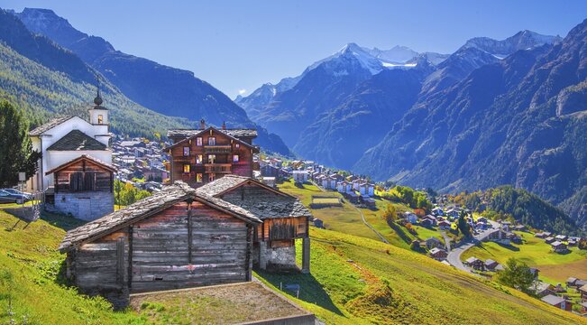 City overview on a mountain terrace above the valley with Ulrichshorn 3925m, Gr&auml;chen, Mattertal, Valais, Switzerland