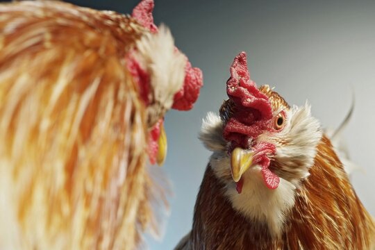 Rooster or cock (Gallus gallus) looking at itself in the mirror