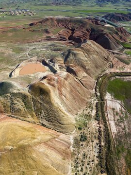 Coloured hills and sedimented landscape with sparse vegetation, aerial view, mountains at D70 and D80, Tuzluca, Igdir province, Iğdır, Eastern Anatolia, Anatolia, Turkey