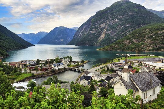 Village view of Hellesylt with Sunnylven church, view of the fjord, Hellesylt, Sunnylvsfjord, M&oslash;re og Romsdal, Norway