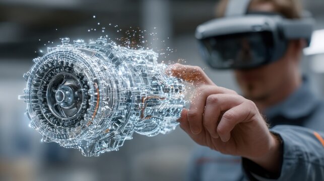 Engineer uses augmented reality headset to interact with a holographic 3d engine model
