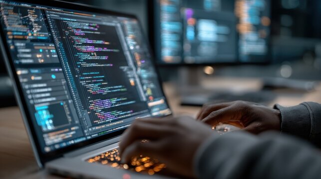 Developer hands typing code on laptop with multiple screens in background