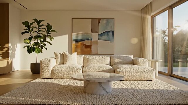 Modern living room interior with a large textured modular sofa, abstract wall art, and a marble coffee table bathed in natural sunlight