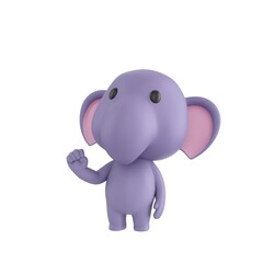 Naklejka premium Cute 3D render Little Elephant character raising one fist with confidence, head held high and looking upward, strong and determined pose, isolated on white background.