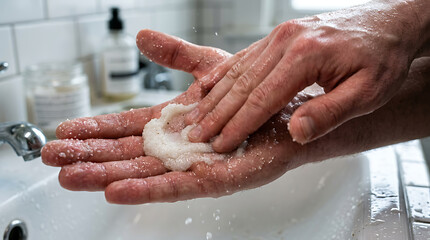 Fototapeta premium Hands applying exfoliating scrub in bathroom