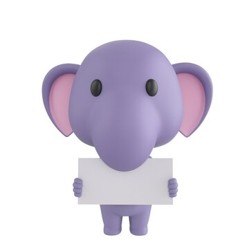 Cute 3D render Little Elephant character standing and holding a small blank white sign, neutral and versatile pose for messages or announcements, isolated on white background.