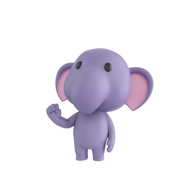 Cute 3D render Little Elephant character raising one fist with confidence, head held high and looking upward, strong and determined pose, isolated on white background.