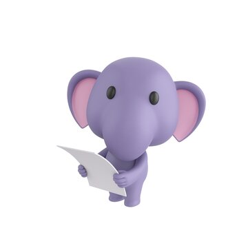 Cute 3D render Little Elephant character standing and holding a sheet of paper, looking up toward the camera with an attentive and thoughtful expression, isolated on white background.