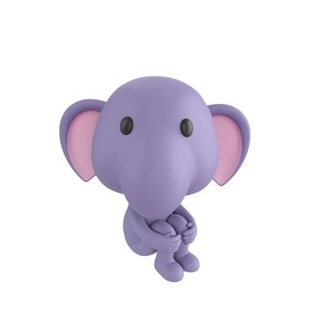 Cute 3D render Little Elephant character sitting and hugging its knees, looking up at the camera with a gentle and thoughtful expression, isolated on white background.