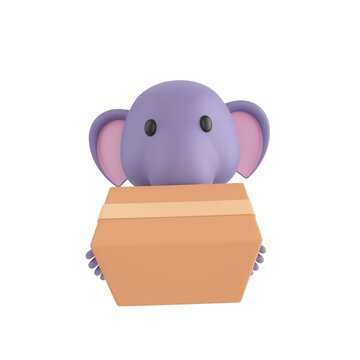 Cute 3D render Little Elephant character standing and holding out a delivery box, offering a package with a friendly and helpful pose, isolated on white background.