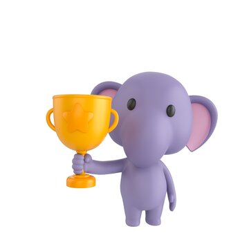 Cute 3D render Little Elephant character standing and holding up a trophy, proud and celebratory pose, isolated on white background.