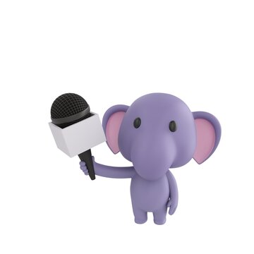 Cute 3D render Little Elephant character standing and holding a microphone, conducting an interview in a reporter-style pose, friendly and professional, isolated on white background.