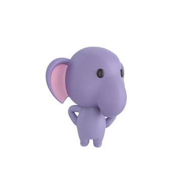 Cute 3D render Little Elephant character standing with hands on hips, body facing forward while looking to the side, confident and thoughtful pose, isolated on white background.