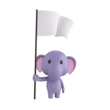 Cute 3D render Little Elephant character standing and holding a white flag, neutral and symbolic pose, isolated on white background.