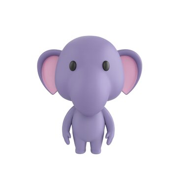 Cute 3D render Little Elephantcharacter standing straight, front view, isolated on white background.