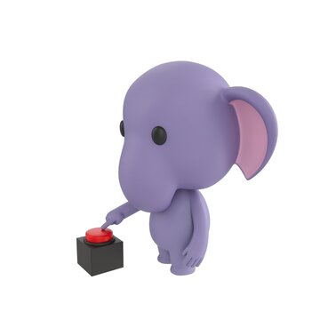 Cute 3D render Little Elephant character pressing a red button with one finger, side view, focused and intentional action pose, isolated on white background.