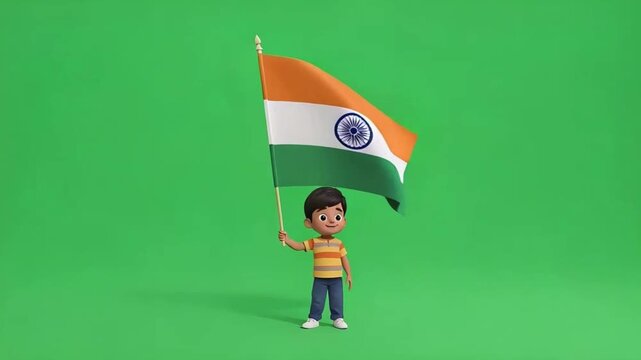 Cute Cartoon Child Waving Indian National Flag on Green Screen Background with Smooth Stable Patriotic Animation Loop