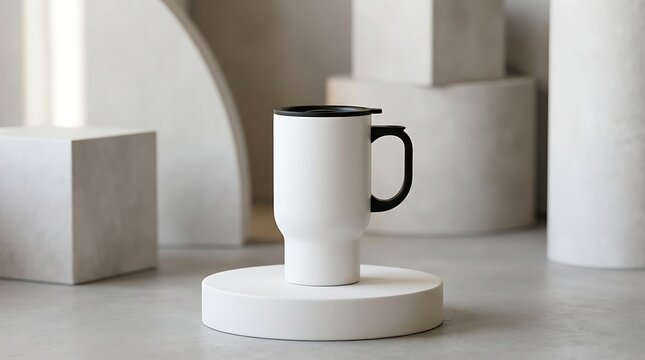 Blank white travel mug mockup on stone pedestal with geometric shapes for branding presentation and commercial usage