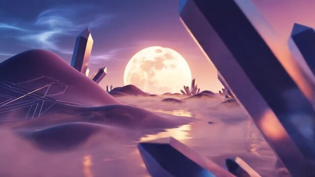 Surreal alien landscape with shimmering crystal formations, misty water, and rolling purple hills under a glowing sunset sky