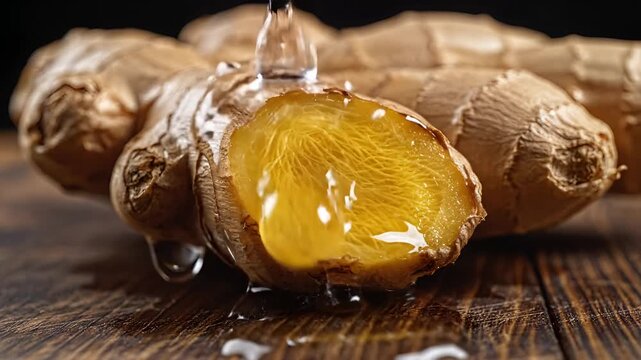 Closeup of fresh ginger root being washed with water on a wooden table.