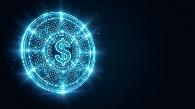 Digital dollar coin with glowing circuit design