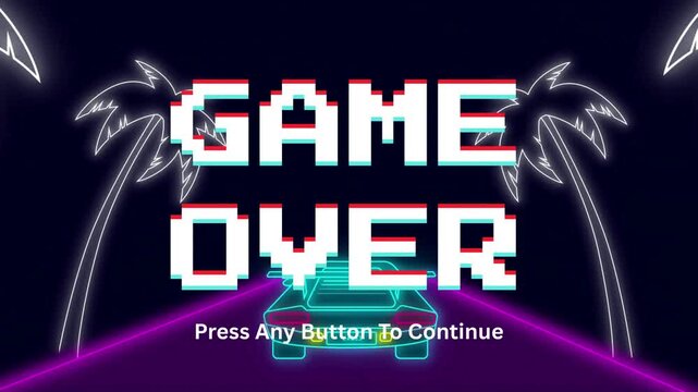 Dynamic 'Game Over' display with pixel art text, vibrant neon palm trees and futuristic car, capturing an iconic 80s retro-synthwave gaming style